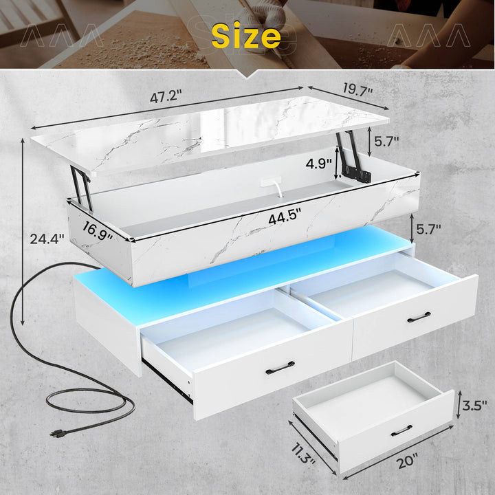SEDETA | 47.2 Inch 2 Drawers Lift Top Coffee Table with LED Light Coffee Table with Power Outlet Coffee Tables with Storage for Living Room|
