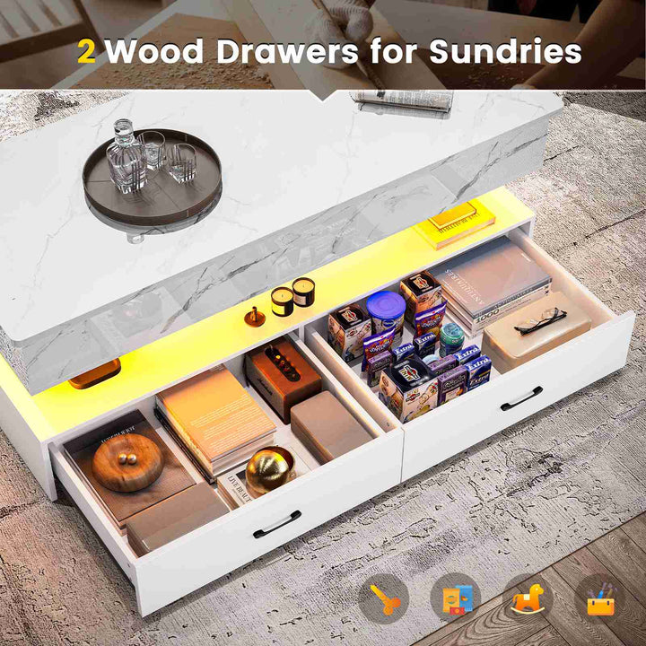 SEDETA | 47.2 Inch 2 Drawers Lift Top Coffee Table with LED Light Coffee Table with Power Outlet Coffee Tables with Storage for Living Room|