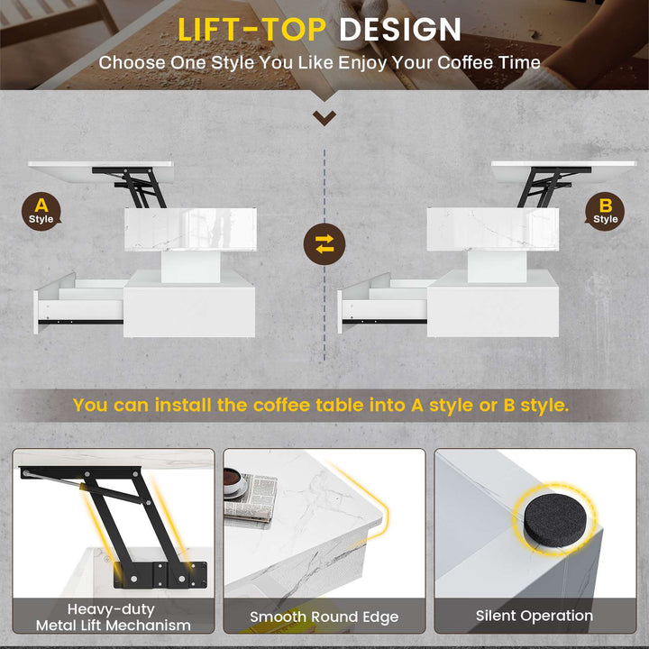 SEDETA | 47.2 Inch 2 Drawers Lift Top Coffee Table with LED Light Coffee Table with Power Outlet Coffee Tables with Storage for Living Room|