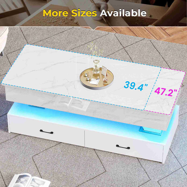 SEDETA | 47.2 Inch 2 Drawers Lift Top Coffee Table with LED Light Coffee Table with Power Outlet Coffee Tables with Storage for Living Room|