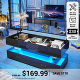 SEDETA® 47.2 Inch 2 Drawers Coffee Table with Power Outlet LED Light Lift Top Coffee Table Coffee Tables with Storage for Living Room