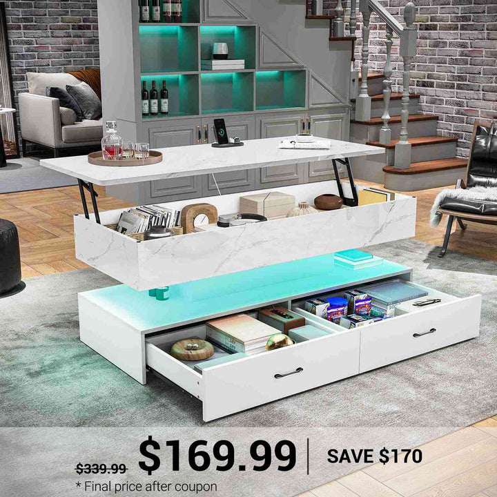 SEDETA | 47.2 Inch 2 Drawers Lift Top Coffee Table with LED Light Coffee Table with Power Outlet Coffee Tables with Storage for Living Room|