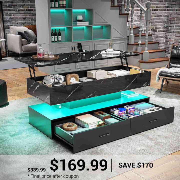 SEDETA | 47.2 Inch 2 Drawers Lift Top Coffee Table with LED Light Coffee Table with Power Outlet Coffee Tables with Storage for Living Room|