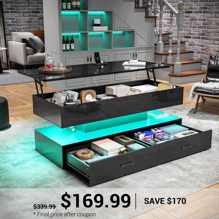 SEDETA | 47.2 Inch 2 Drawers Lift Top Coffee Table with LED Light Coffee Table with Power Outlet Coffee Tables with Storage for Living Room|