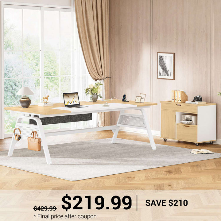 SEDETA® 63 Inch Modern Office Desk with 4 Hooks Power Outlet Computer Desk with Privacy Baffle Executive Desk with Movable File Cabinet for Home Office