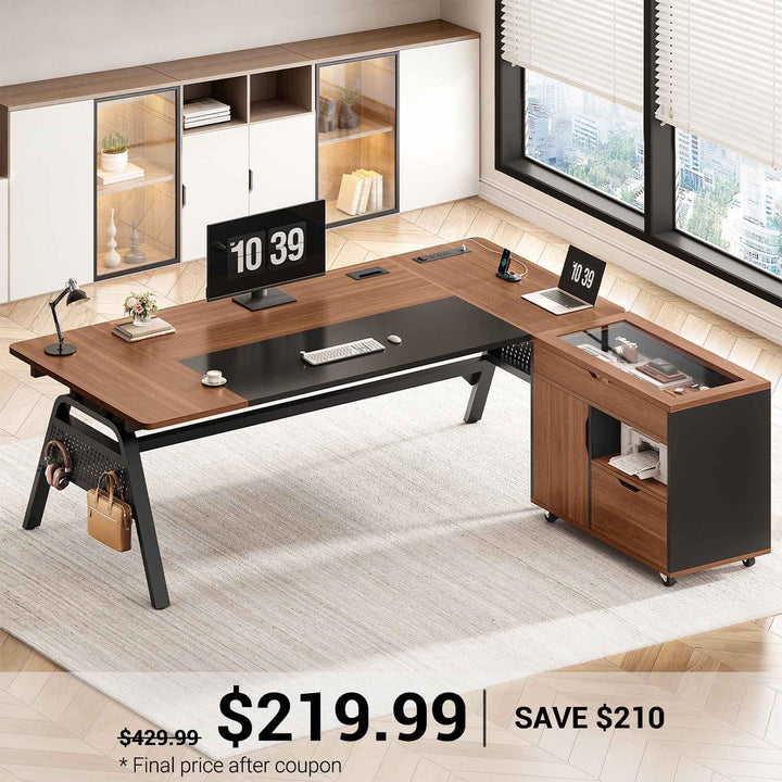 SEDETA® 63 Inch Modern Office Desk with 4 Hooks Power Outlet Computer Desk with Privacy Baffle Executive Desk with Movable File Cabinet for Home Office