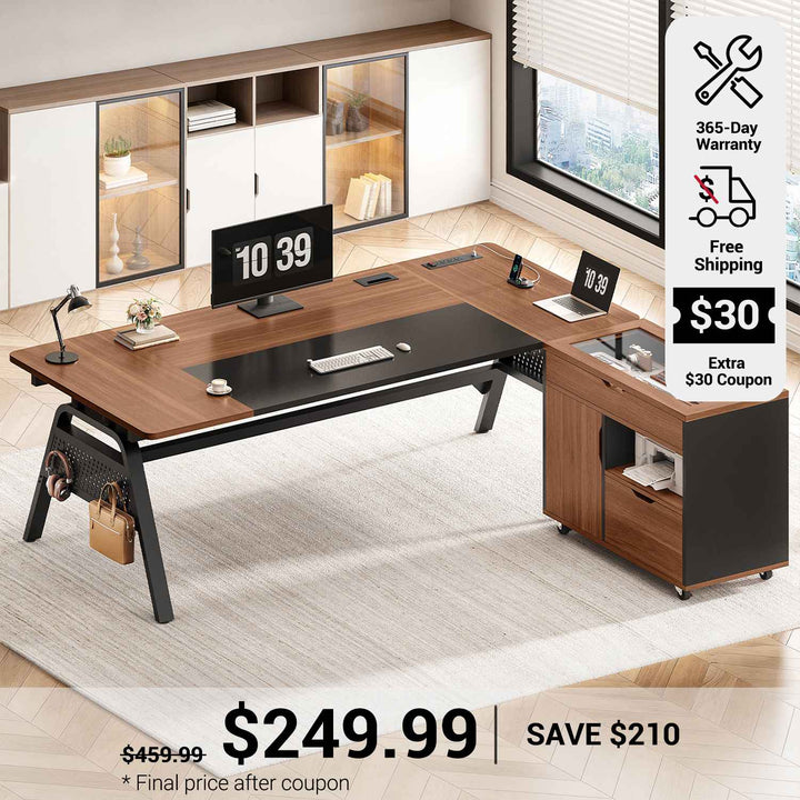 SEDETA 63 Inch Executive Desk with Movable File Cabinet Office Desk with 4 Hooks Power Outlet Computer Desk with Privacy Baffle for Home Office