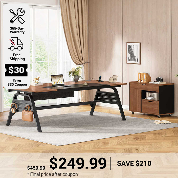 SEDETA 63 Inch Executive Desk with Movable File Cabinet Office Desk with 4 Hooks Power Outlet Computer Desk with Privacy Baffle for Home Office