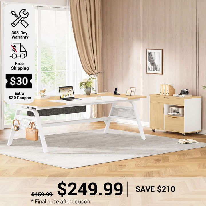 SEDETA 63 Inch Executive Desk with Movable File Cabinet Office Desk with 4 Hooks Power Outlet Computer Desk with Privacy Baffle for Home Office