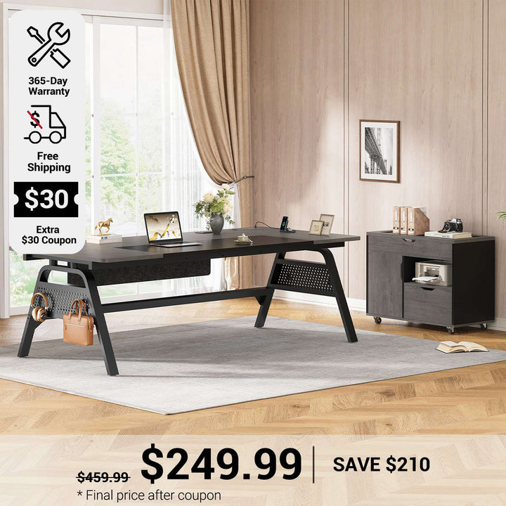 SEDETA 63 Inch Executive Desk with Movable File Cabinet Office Desk with 4 Hooks Power Outlet Computer Desk with Privacy Baffle for Home Office