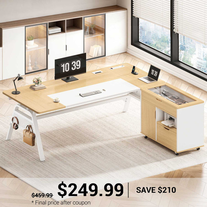 SEDETA 63 Inch Executive Desk with Movable File Cabinet Office Desk with 4 Hooks Power Outlet Computer Desk with Privacy Baffle for Home Office