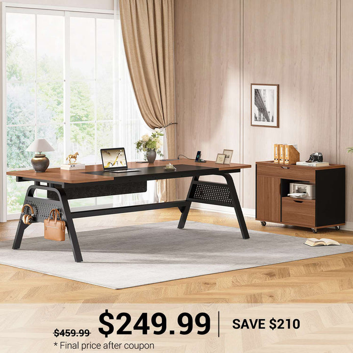 SEDETA 63 Inch Executive Desk with Movable File Cabinet Office Desk with 4 Hooks Power Outlet Computer Desk with Privacy Baffle for Home Office