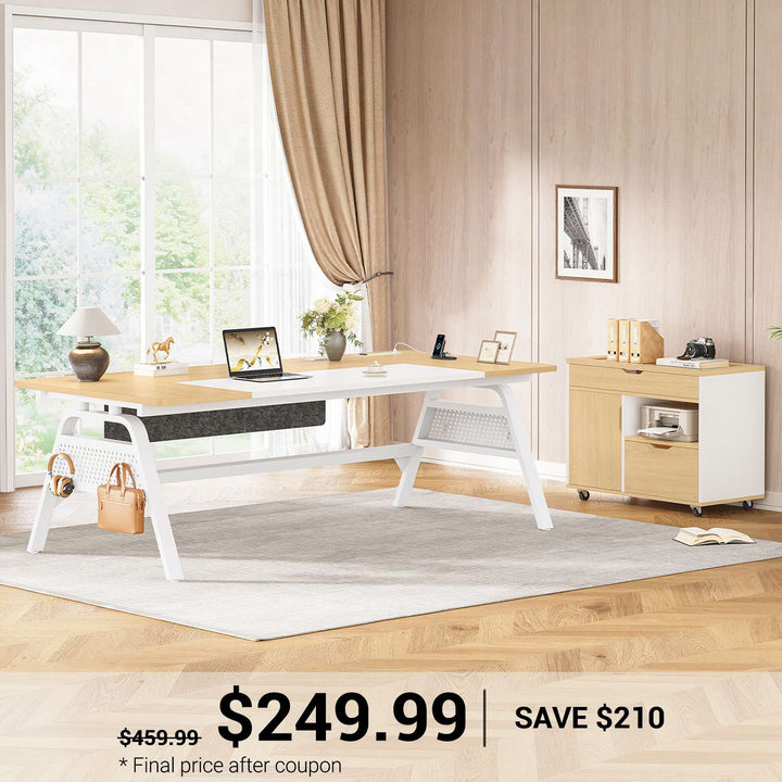 SEDETA 63 Inch Executive Desk with Movable File Cabinet Office Desk with 4 Hooks Power Outlet Computer Desk with Privacy Baffle for Home Office