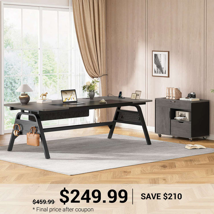 SEDETA 63 Inch Executive Desk with Movable File Cabinet Office Desk with 4 Hooks Power Outlet Computer Desk with Privacy Baffle for Home Office