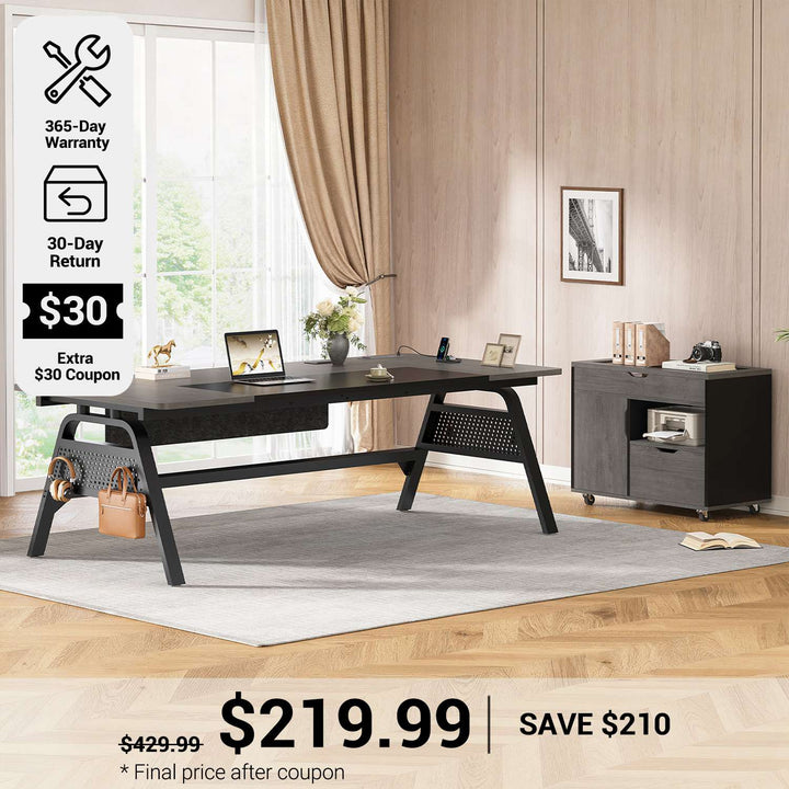 SEDETA® 63 Inch Modern Office Desk with 4 Hooks Power Outlet Computer Desk with Privacy Baffle Executive Desk with Movable File Cabinet for Home Office