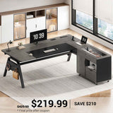 SEDETA | 63 Inch Computer Desk with Privacy Baffle Modern Office Desk with 4 Hooks Power Outlet Executive Desk with Movable File Cabinet for Home Office