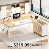 SEDETA | 63 Inch Computer Desk with Privacy Baffle Modern Office Desk with 4 Hooks Power Outlet Executive Desk with Movable File Cabinet for Home Office