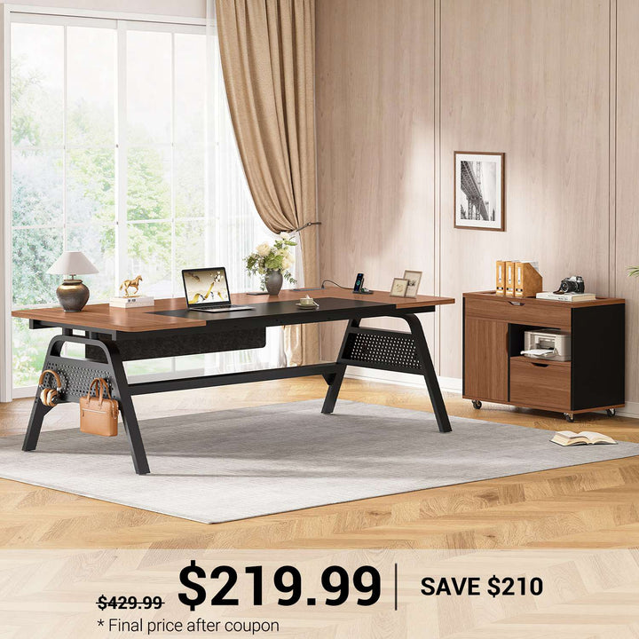 SEDETA® 63 Inch Modern Office Desk with 4 Hooks Power Outlet Computer Desk with Privacy Baffle Executive Desk with Movable File Cabinet for Home Office