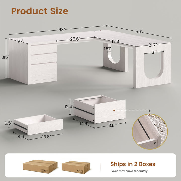 SEDETA 63 Inch Wood L Shaped Computer Desk with 3 Drawers Modern Executive Office Desk with U-Shaped Legs Relief Texture Power Outlet