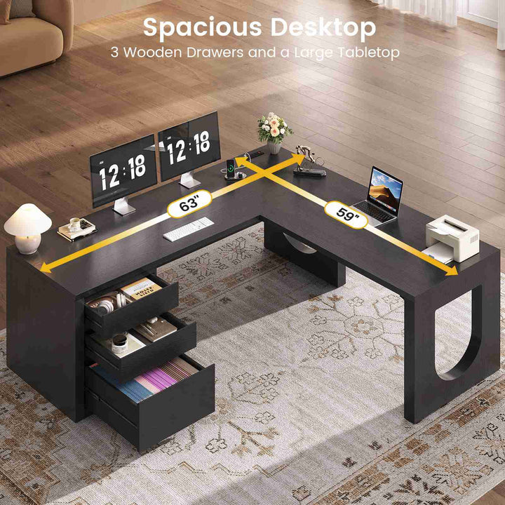 SEDETA 63 Inch Wood L Shaped Computer Desk with 3 Drawers Modern Executive Office Desk with U-Shaped Legs Relief Texture Power Outlet