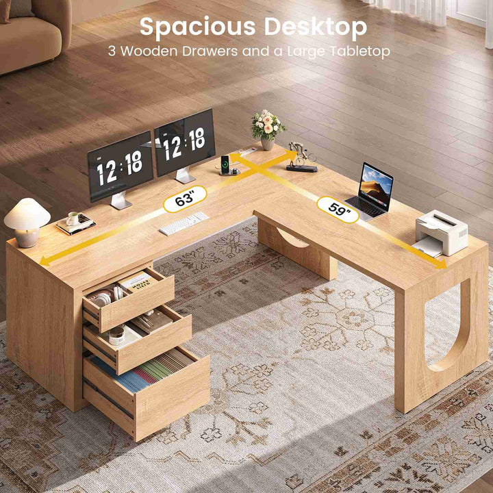 SEDETA 63 Inch Wood L Shaped Computer Desk with 3 Drawers Modern Executive Office Desk with U-Shaped Legs Relief Texture Power Outlet