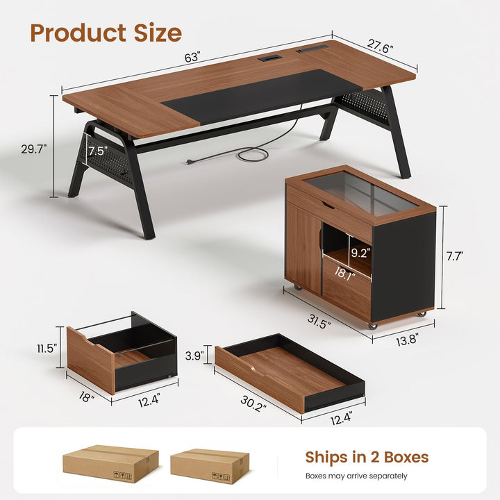 SEDETA® 63 Inch Modern Office Desk with 4 Hooks Power Outlet Computer Desk with Privacy Baffle Executive Desk with Movable File Cabinet for Home Office