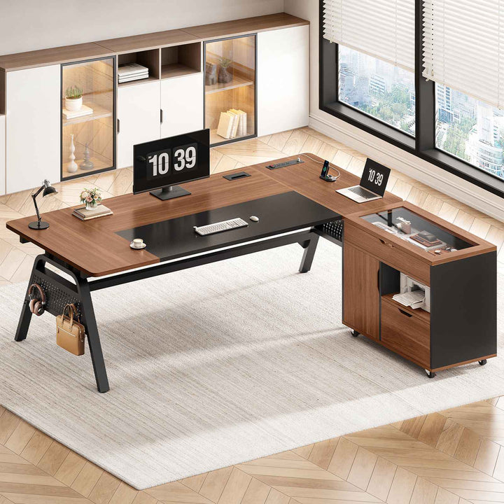 SEDETA® 63 Inch Modern Office Desk with 4 Hooks Power Outlet Computer Desk with Privacy Baffle Executive Desk with Movable File Cabinet for Home Office