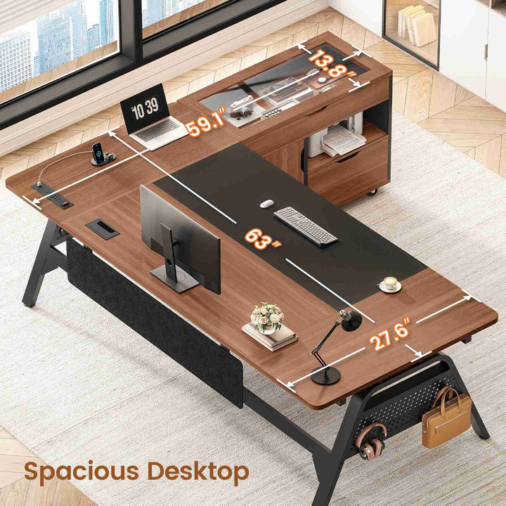 SEDETA® 63 Inch Modern Office Desk with 4 Hooks Power Outlet Computer Desk with Privacy Baffle Executive Desk with Movable File Cabinet for Home Office