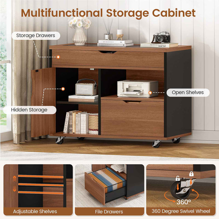 SEDETA® 63 Inch Modern Office Desk with 4 Hooks Power Outlet Computer Desk with Privacy Baffle Executive Desk with Movable File Cabinet for Home Office