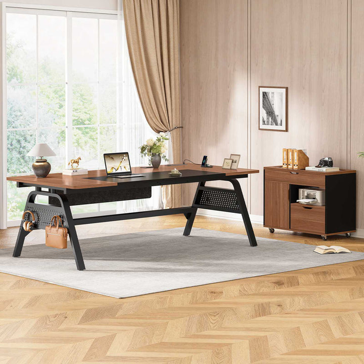 SEDETA® 63 Inch Modern Office Desk with 4 Hooks Power Outlet Computer Desk with Privacy Baffle Executive Desk with Movable File Cabinet for Home Office