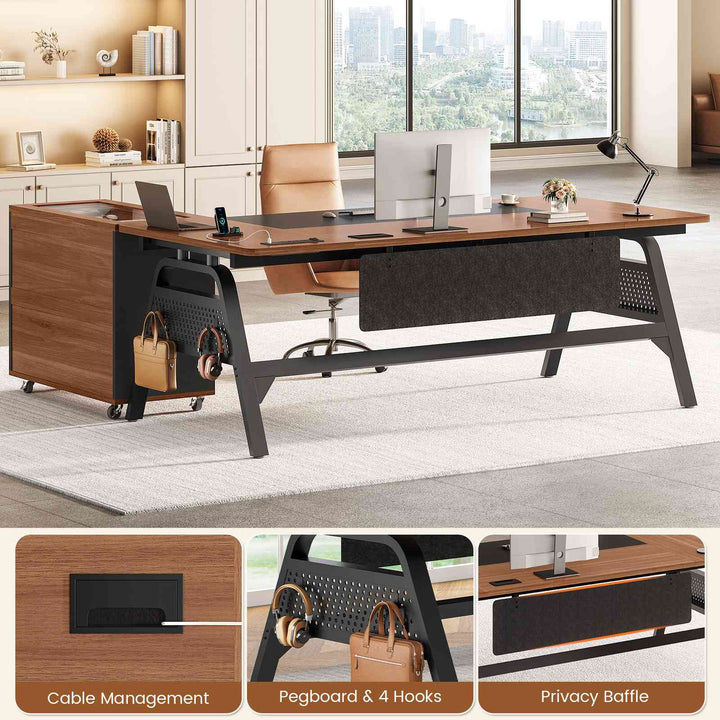 SEDETA® 63 Inch Modern Office Desk with 4 Hooks Power Outlet Computer Desk with Privacy Baffle Executive Desk with Movable File Cabinet for Home Office