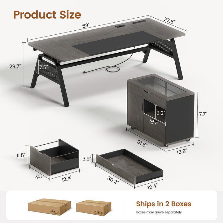 SEDETA® 63 Inch Modern Office Desk with 4 Hooks Power Outlet Computer Desk with Privacy Baffle Executive Desk with Movable File Cabinet for Home Office