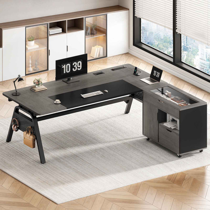 SEDETA® 63 Inch Modern Office Desk with 4 Hooks Power Outlet Computer Desk with Privacy Baffle Executive Desk with Movable File Cabinet for Home Office