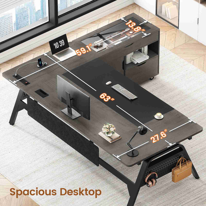 SEDETA® 63 Inch Modern Office Desk with 4 Hooks Power Outlet Computer Desk with Privacy Baffle Executive Desk with Movable File Cabinet for Home Office