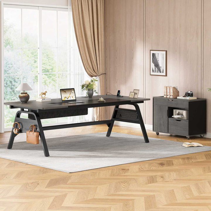 SEDETA® 63 Inch Modern Office Desk with 4 Hooks Power Outlet Computer Desk with Privacy Baffle Executive Desk with Movable File Cabinet for Home Office