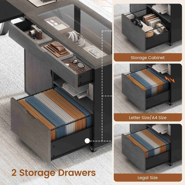 SEDETA® 63 Inch Modern Office Desk with 4 Hooks Power Outlet Computer Desk with Privacy Baffle Executive Desk with Movable File Cabinet for Home Office