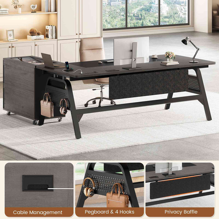 SEDETA® 63 Inch Modern Office Desk with 4 Hooks Power Outlet Computer Desk with Privacy Baffle Executive Desk with Movable File Cabinet for Home Office