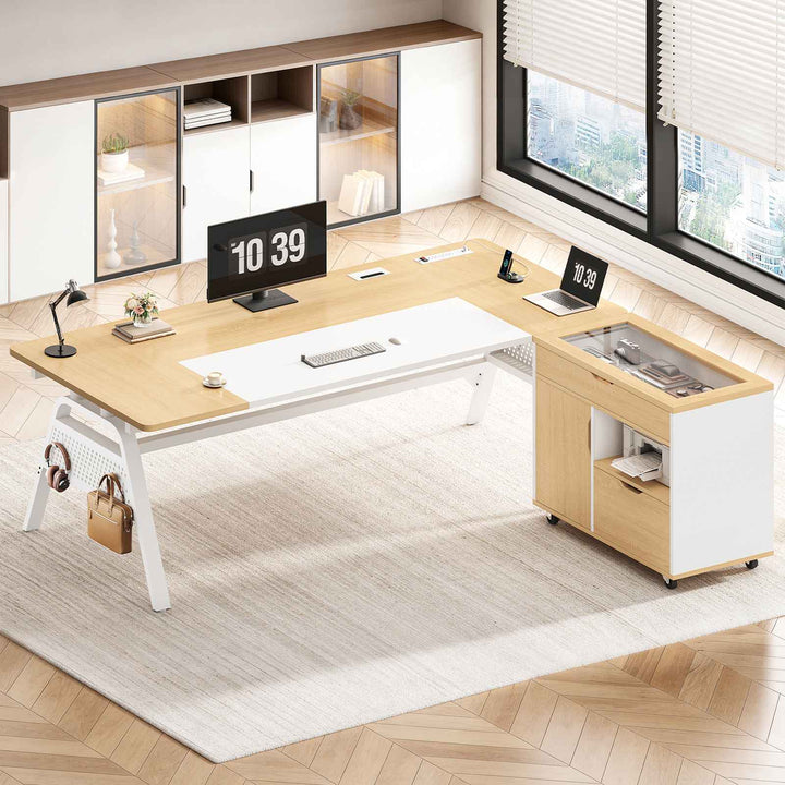 SEDETA® 63 Inch Modern Office Desk with 4 Hooks Power Outlet Computer Desk with Privacy Baffle Executive Desk with Movable File Cabinet for Home Office