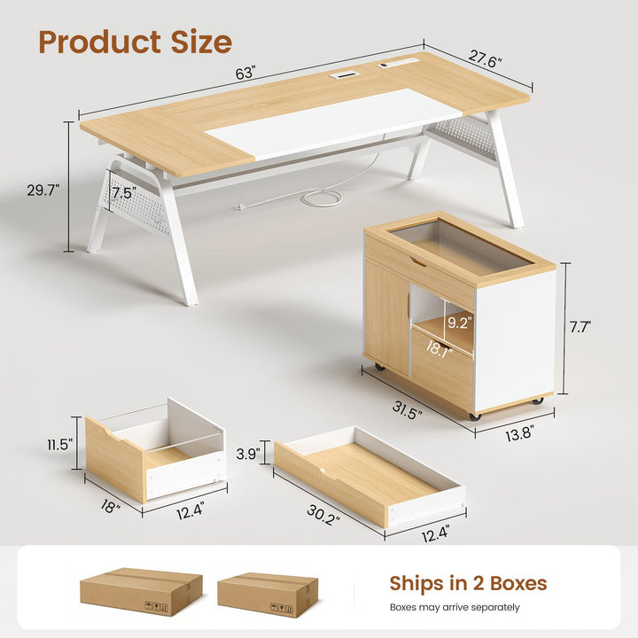 SEDETA® 63 Inch Modern Office Desk with 4 Hooks Power Outlet Computer Desk with Privacy Baffle Executive Desk with Movable File Cabinet for Home Office