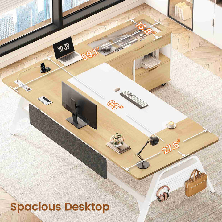 SEDETA® 63 Inch Modern Office Desk with 4 Hooks Power Outlet Computer Desk with Privacy Baffle Executive Desk with Movable File Cabinet for Home Office