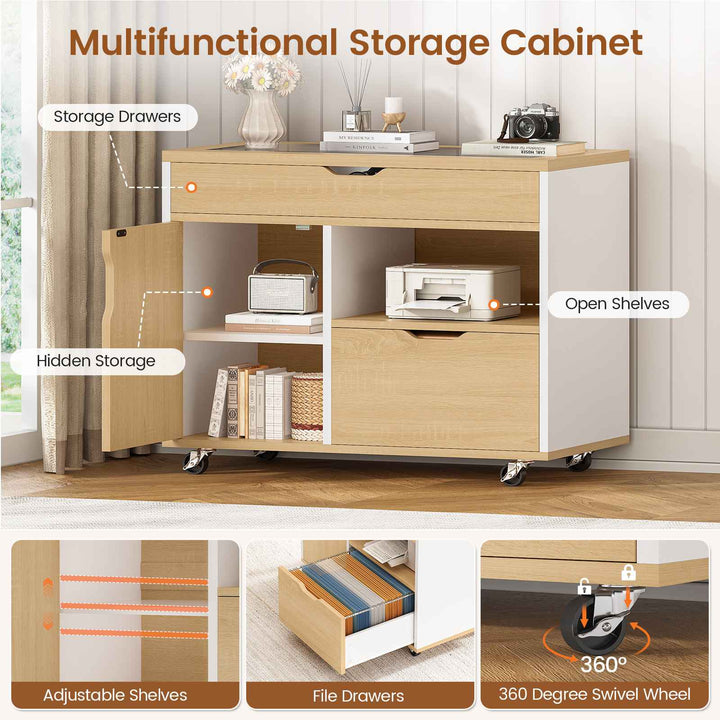 SEDETA® 63 Inch Modern Office Desk with 4 Hooks Power Outlet Computer Desk with Privacy Baffle Executive Desk with Movable File Cabinet for Home Office