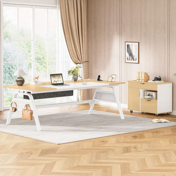 SEDETA® 63 Inch Modern Office Desk with 4 Hooks Power Outlet Computer Desk with Privacy Baffle Executive Desk with Movable File Cabinet for Home Office