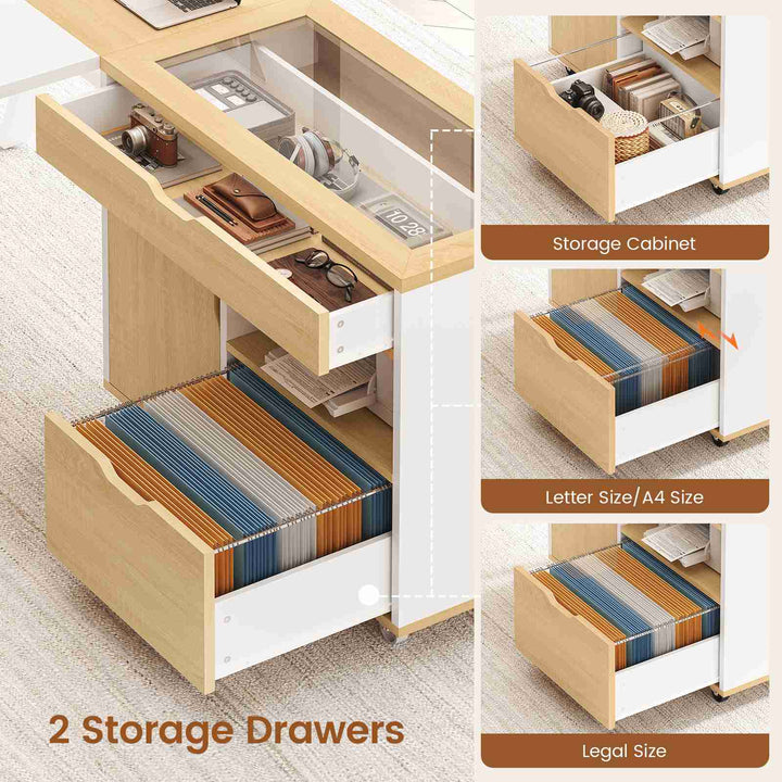 SEDETA® 63 Inch Modern Office Desk with 4 Hooks Power Outlet Computer Desk with Privacy Baffle Executive Desk with Movable File Cabinet for Home Office