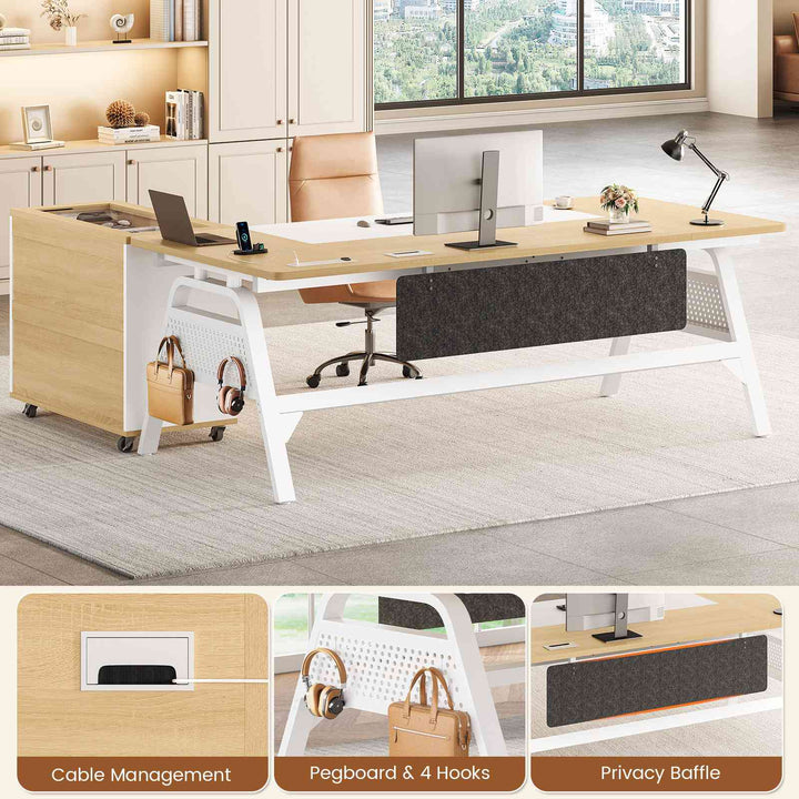 SEDETA® 63 Inch Modern Office Desk with 4 Hooks Power Outlet Computer Desk with Privacy Baffle Executive Desk with Movable File Cabinet for Home Office