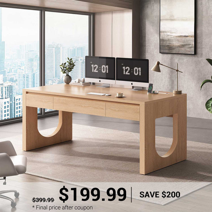SEDETA® 55 Inch Modern Executive Desk with U-Shaped Legs Wood Computer Desk with Power Outlet Relief Texture Office Desk with 3 Drawers