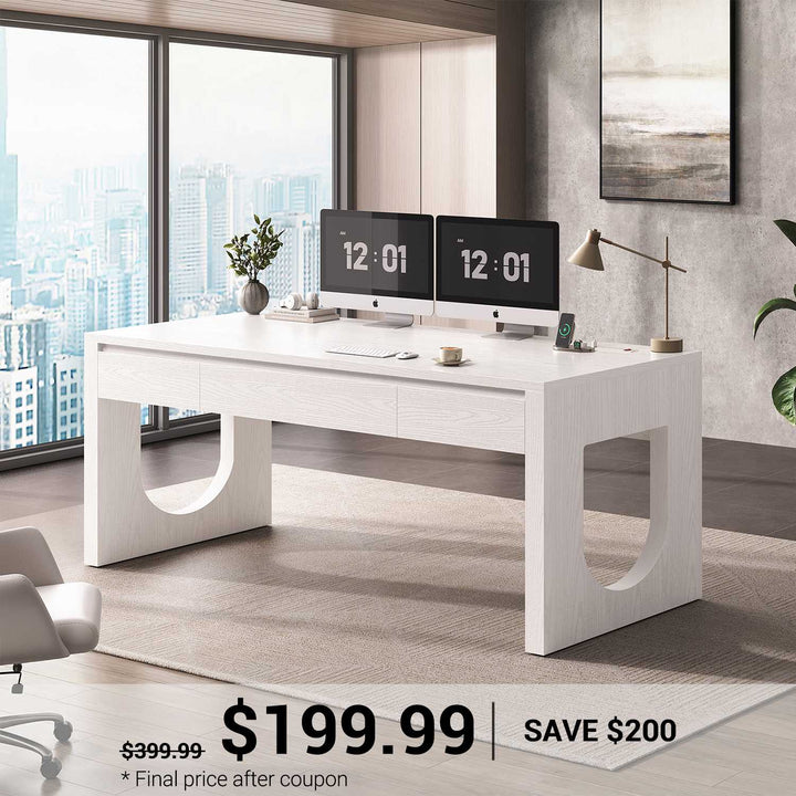 SEDETA® 55 Inch Modern Executive Desk with U-Shaped Legs Wood Computer Desk with Power Outlet Relief Texture Office Desk with 3 Drawers