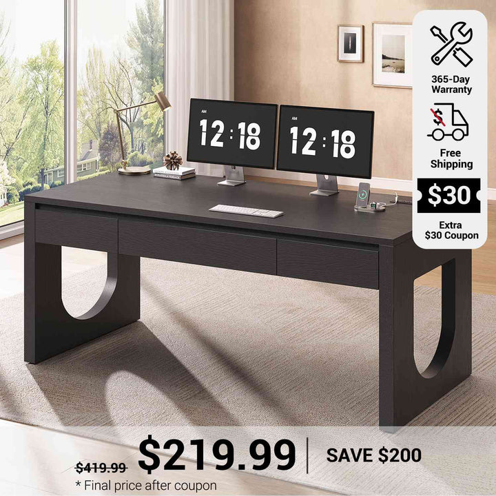 SEDETA 55 Inch Modern Office Desk with 3 Drawers Executive Desk with U-Shaped Legs Wood Computer Desk with Power Outlet Home Office Desks with Relief Texture