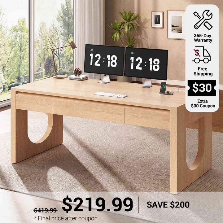 SEDETA 55 Inch Modern Office Desk with 3 Drawers Executive Desk with U-Shaped Legs Wood Computer Desk with Power Outlet Home Office Desks with Relief Texture