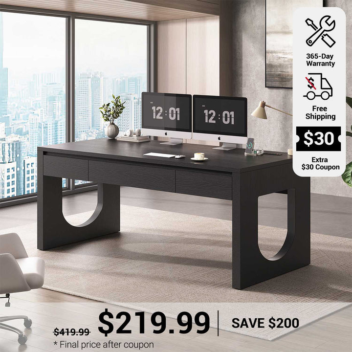 SEDETA 55 Inch Modern Office Desk with 3 Drawers Executive Desk with U-Shaped Legs Wood Computer Desk with Power Outlet Home Office Desks with Relief Texture