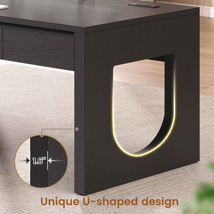 SEDETA 55 Inch Modern Office Desk with 3 Drawers Executive Desk with U-Shaped Legs Wood Computer Desk with Power Outlet Home Office Desks with Relief Texture